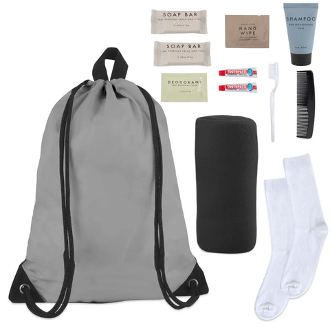 10pc Homeless/Outdoorsman Hygiene Kit with socks , drawstring backpack, blanket