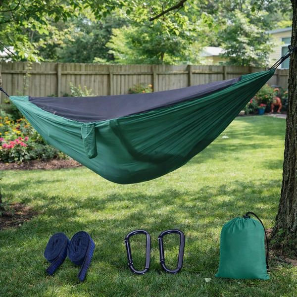Green Camping Hammock with Mosquito Net – Lightweight & Portable