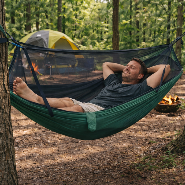 Green Camping Hammock with Mosquito Net – Lightweight & Portable